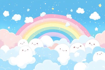 Cartoonish clouds smile beneath a rainbow filled sky