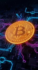 Golden bitcoin on colorful abstract circuit board background. Cryptocurrency concept. 