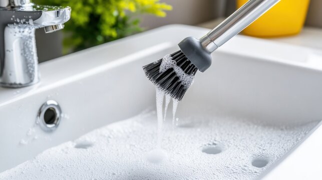 A soapy brush drips into a white sink, ready for cleaning and scrubbing tasks.