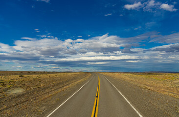 A long, empty road stretches endlessly through a vast, arid landscape under a bright blue sky with scattered clouds. The scene evokes adventure, freedom, and solitude, perfect for travel exploration
