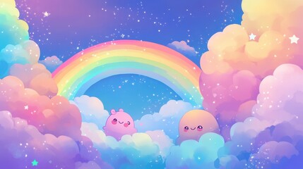 Two cute cartoon creatures floating in a colorful sky