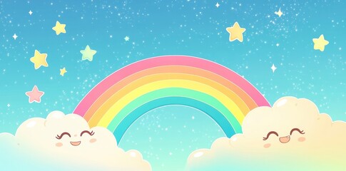 Naklejka premium Cartoon rainbow arches between smiling clouds under starry sky