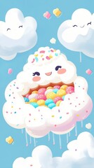 A cute cloud filled with colorful candy and sprinkles