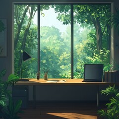 Work desk overlooking lush greenery through large window panes