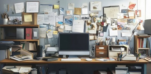 Obraz premium Cluttered artist workspace desk setup with bulletin board collage
