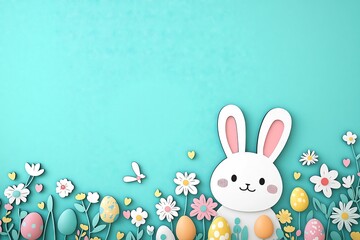 Vibrant Easter Bunny and Floral Scene with Easter Eggs on Teal Background - Space for Text