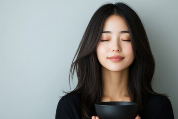 A woman with long hair is holding a black bowl and looking at the camera