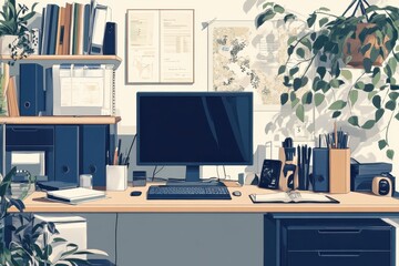 Neat and organized home office desk with various accessories