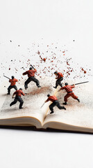 Naklejka premium Miniaturkämpfer auf altem Buch, das Kampfkunst und Tradition vereint