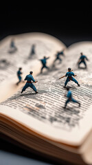 Miniaturk&auml;mpfer auf altem Buch, das Kampfkunst und Tradition vereint

