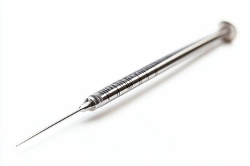 Sleek silver syringe resting on a clean surface, ready for medical use in a clinical setting isolated on transparent background