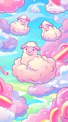 Cute cartoon sheep resting on fluffy pastel colored clouds