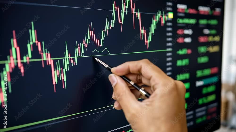 Poster stock market analysis: close-up of hand pointing at stock chart on computer screen