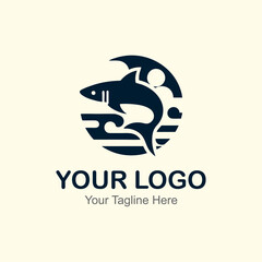 Modern Logo. Black and white logo of a shark jumping over a wave.
