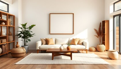 japandi-inspired empty frame mockup in minimalist living room, modern wood furniture, soft lighting, warm neutral tones, cozy space