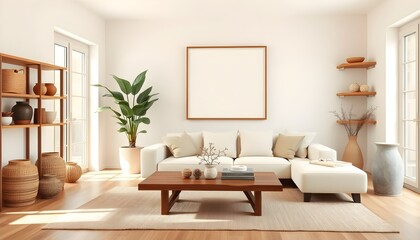 japandi-inspired empty frame mockup in minimalist living room, modern wood furniture, soft lighting, warm neutral tones, cozy space