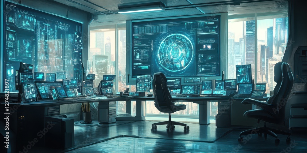 Poster futuristic control room with multiple computer screens and city view