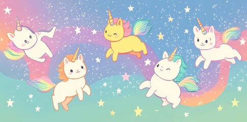 Five cute pastel unicorns float happily in a starry sky