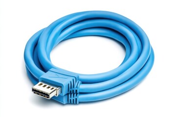 A striking blue USB cable coiled elegantly on a minimalist background providing a tech vibe isolated on transparent background