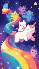 Adorable cartoon cats with unicorn horns ride a rainbow