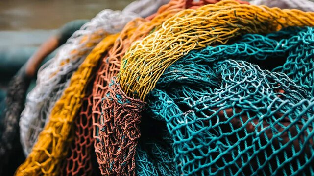 Colorful fishing nets are stacked neatly at a harbor, showcasing craftsmanship and vibrant hues in a coastal setting