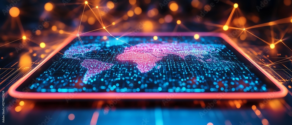 Aufkleber Tablet visualizing global network structure, glowing connections between continents, interactive digital map with realtime data flow, hightech business setting, ultradetailed, 4K