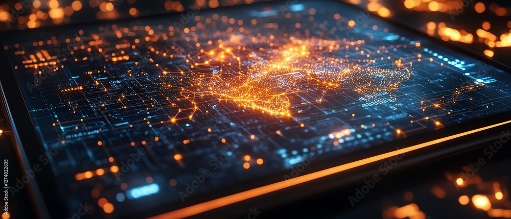 Poster tablet visualizing global network structure, glowing connections between continents, interactive dig