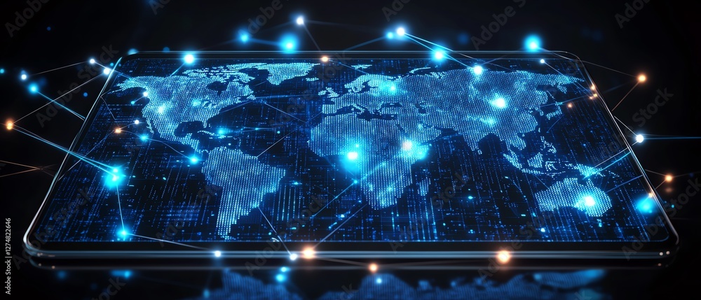 Aufkleber tablet visualizing global network structure, glowing connections between continents, interactive dig