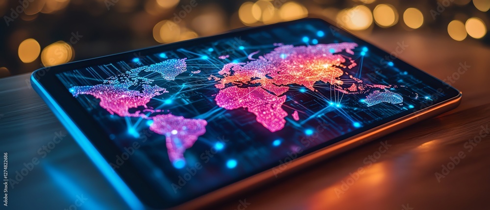 Aufkleber tablet visualizing global network structure, glowing connections between continents, interactive dig