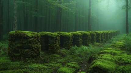 Row Of Moss Covered Cubes In A Foggy Forest