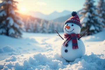 Obraz premium Snowy landscape with happy snowman in the distance, snowman, frosty environment, mountainous backdrop