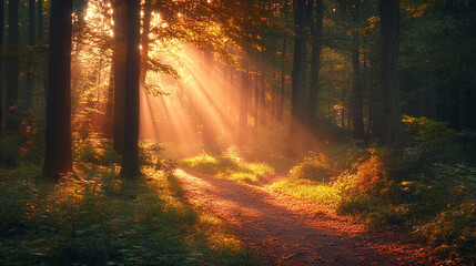 Fototapeta premium A glowing sunset sky with sunbeams piercing dark clouds, showcasing vibrant hues of orange and red. A serene and inspirational scene with dramatic lighting and heavenly atmosphere.