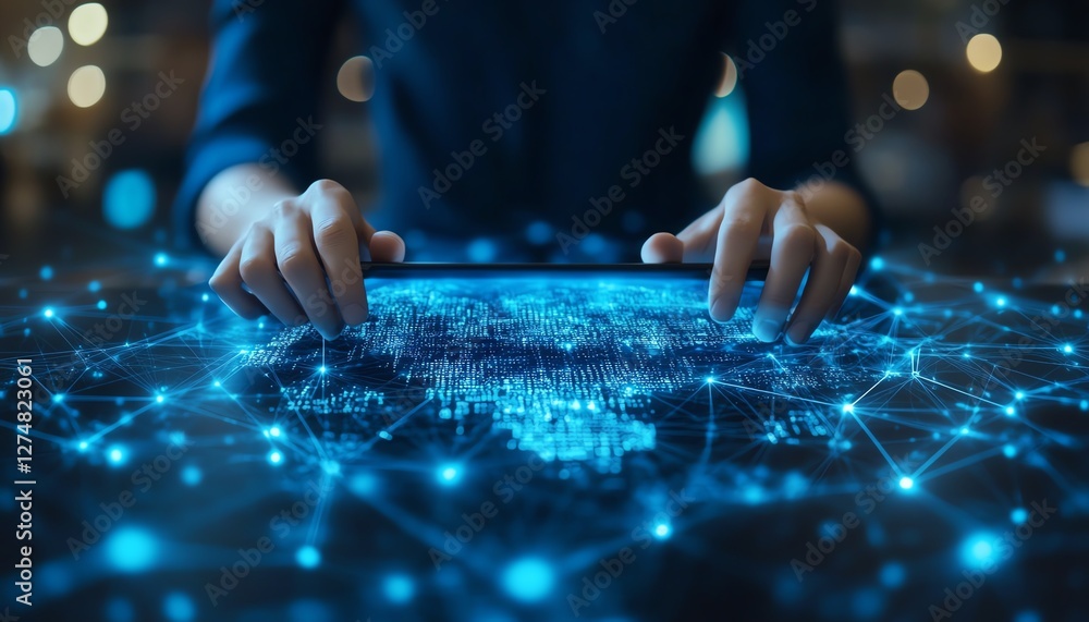 Poster business professional using tablet to visualize global data networks