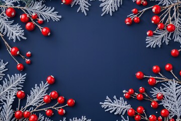 Enchanting Navy Celebration Backdrop with Red Berries and Icy Leaves for Holiday Events