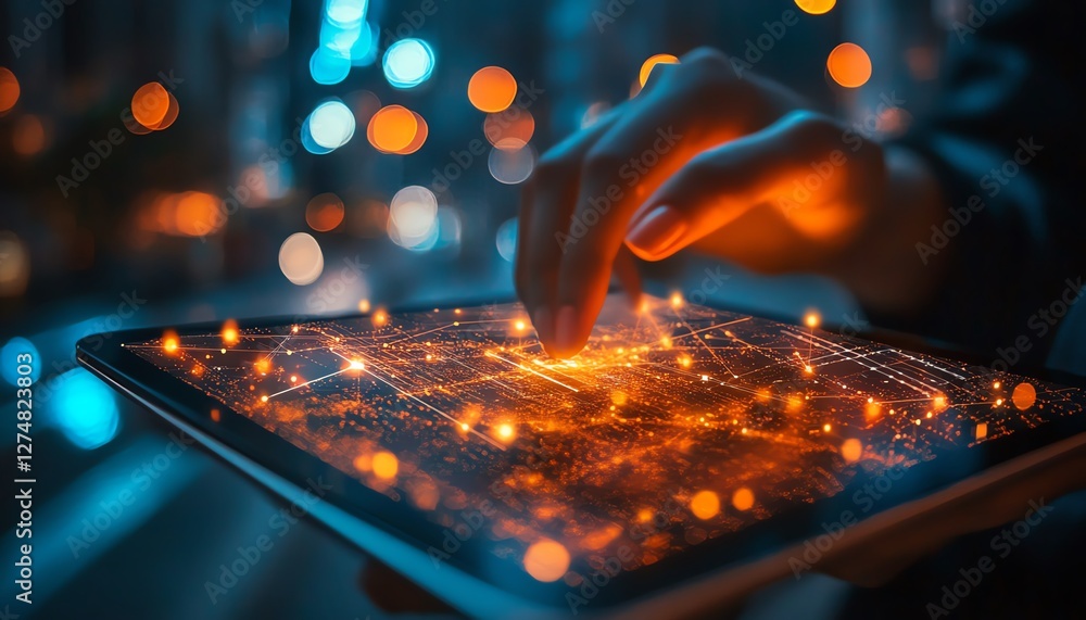 Poster hightech tablet visualizing global communication networks