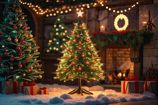 Joyful Christmas Tree Illumination for Holiday Greeting Card Decor