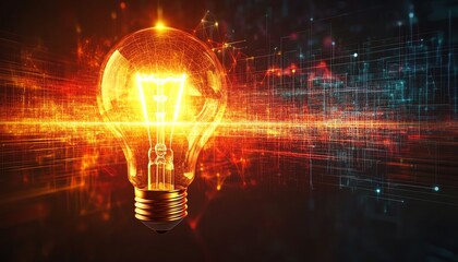 A glowing light bulb, symbolizing innovative ideas and knowledge, surrounded by flowing digital lines and bright colors, energetic design, ultradetailed, 4K resolution