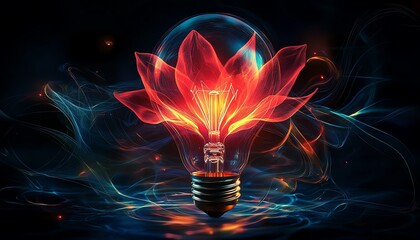 A glowing light bulb, symbolizing innovative ideas and knowledge, surrounded by flowing digital lines and bright colors, energetic design, ultradetailed, 4K resolution