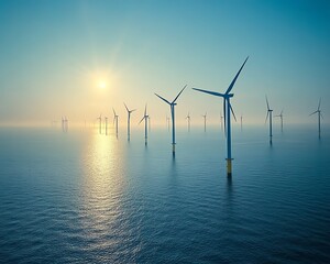 Aerial view of a vast offshore wind farm, rows of towering wind turbines in the open sea, bright sunlight, expansive water, ecofriendly energy source, ultradetailed, 4K