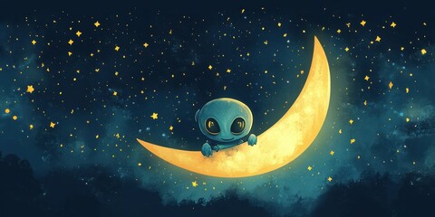Fototapeta premium Cute alien sitting on the moon with stars around