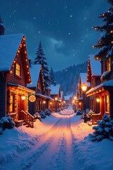 Fototapeta premium Snowy village street at dusk with festive lights and Christmas decorations, holiday lights, evening glow