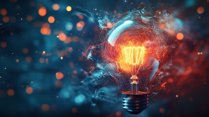 Glowing light bulb at the center, radiating knowledge and creativity, illuminated by colorful rays, energy fields flowing outward, digital concept, highdefinition, 8K