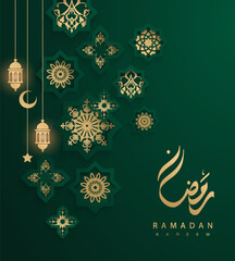 Ramadan Kareem arabic calligraphy gold ornamental geometric bohemian style greeting cards with Islamic pattern and decorative frame