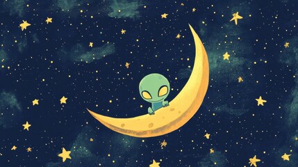 Naklejka premium Cute green alien sitting on a yellow crescent moon