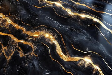 mesmerizing black liquid cosmos with iridescent ripples and golden light streams, creating elegant marble-like patterns in ultra hd