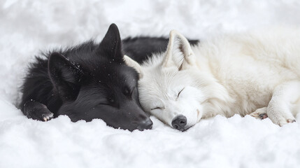 Obraz premium A black and a white wolf lying and cuddling together in the snow.