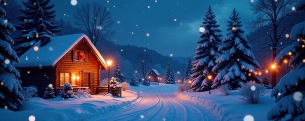 Fototapeta premium Snowy winter landscape with Christmas decorations at night, festive atmosphere, snowy winter, festive lights