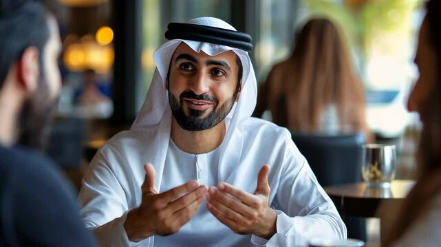 Smiling Emirati Man in a Cafe, Enjoying Conversation with Friends