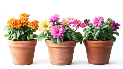 Colorful potted flowers in terracotta pots on white background - vibrant floral arrangements for gardening, home decor, and plant enthusiasts.
