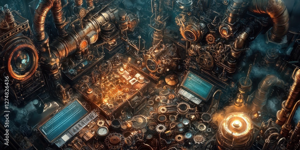 Poster elaborate steampunk machine with gears and glowing screens is displayed